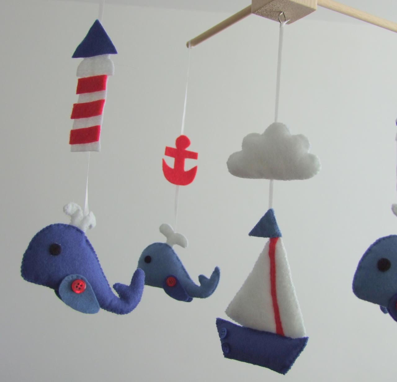 Baby Crib Mobile Navy & Red Boats Whale Anchor Fish Nautical Design Baby Mobile Felt Nursery Mobile Sailboats Baby Cot Mobile