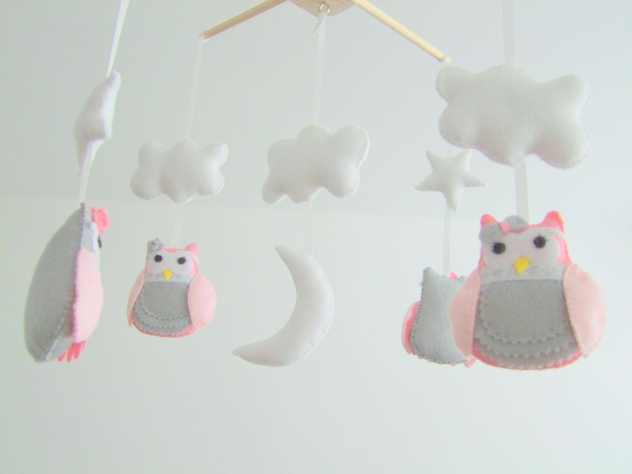 Personalized Handmade Baby Crib Mobile Felt Owl Pink & Grey Baby Mobile Nursery Crib Mobile Custom Colors