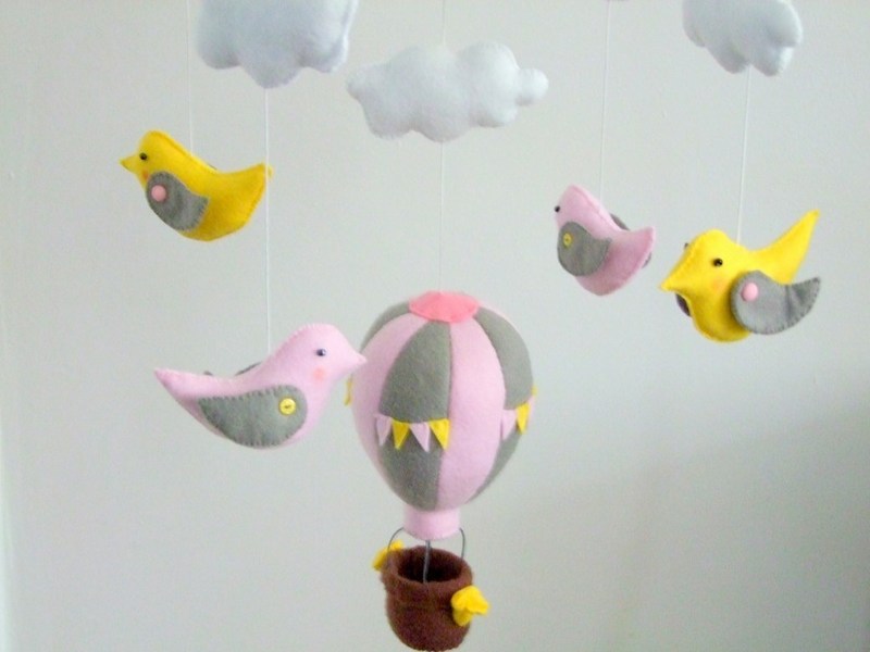 Baby Crib Mobile Grey & Pink Air Balloons Handmade Personalized Felt Baby Shower Gift