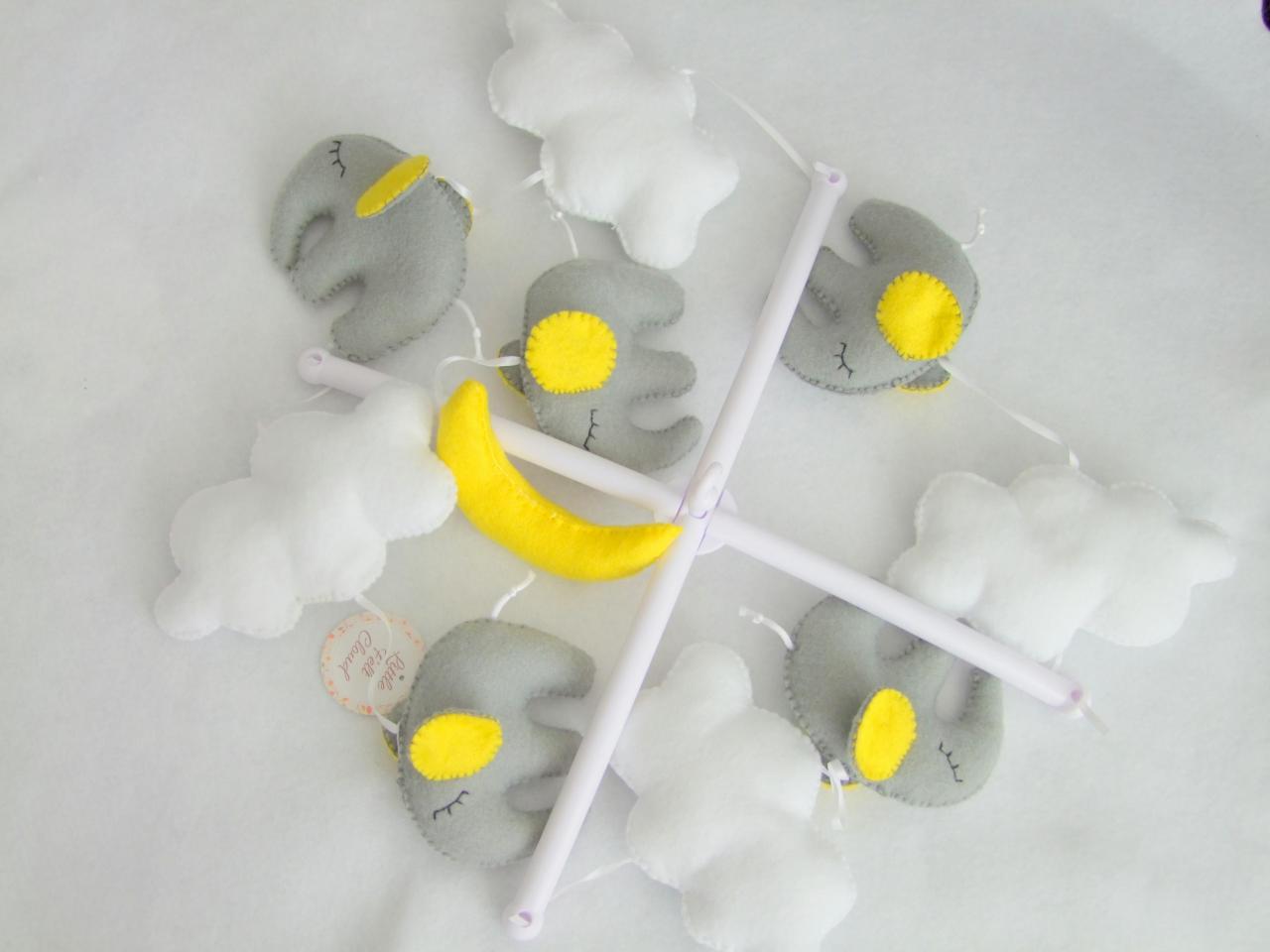 Baby Mobile - Baby Crib Mobile - Sleeping Elephant White & Yellow Baby Mobile Handmade Baby Mobile Felt White Clouds Yellow Moon