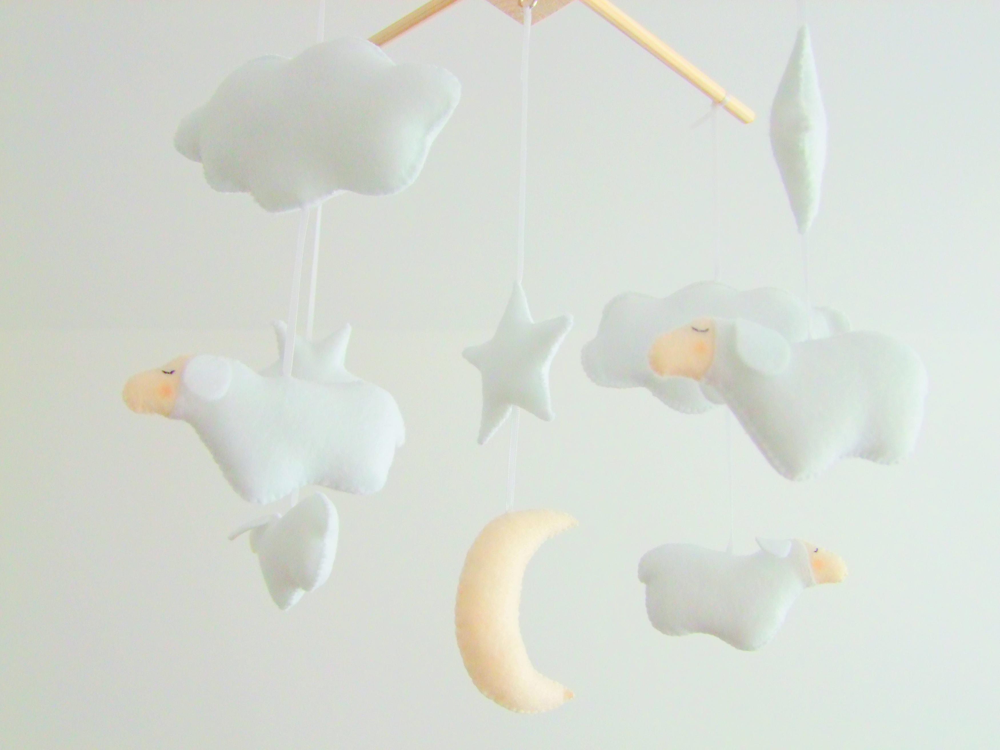 Ready To Ship Personalized Baby Crib Mobile Sleeping Sheep Lamb White